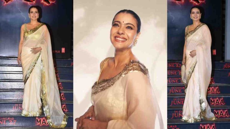Kajol’s Hand-Embroidered Gold Lampi Border Sari is a Vision in Ivory