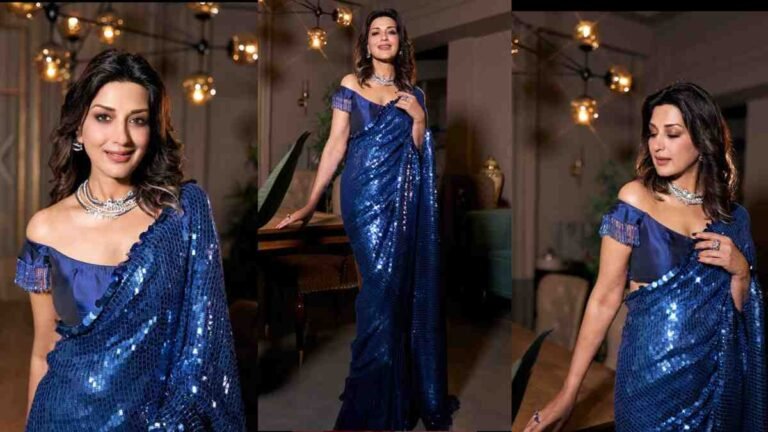Sonali Bendre Dazzles in Midnight Blue Sequin Sari by Manish Malhotra