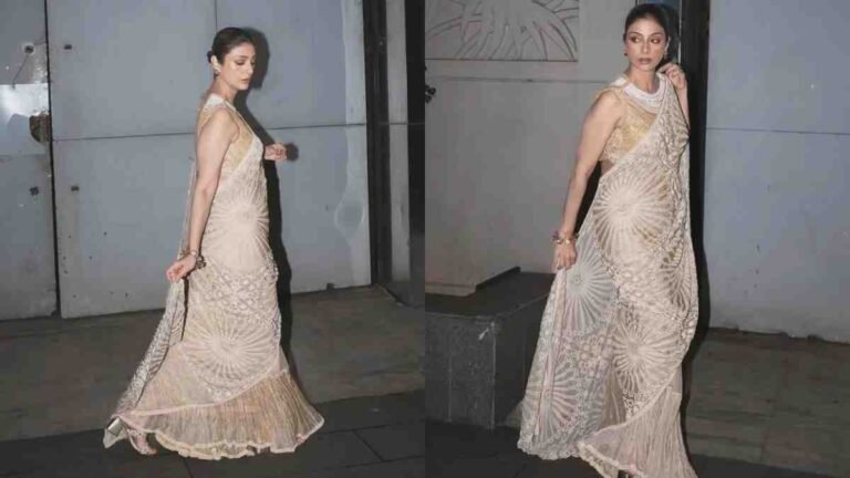 Tabu Dazzles in Gold Saree and Backless Beaded Blouse by Abhishek Sharma