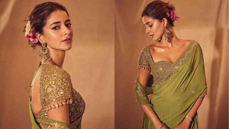 Ananya Panday’s Olive Green Saree Features Elegant Mirror Detailing