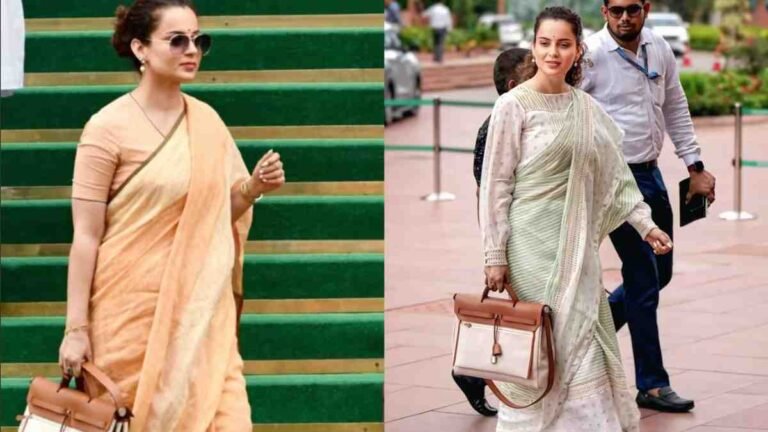Kangana Ranaut Makes a Statement in Parliament with Cotton Saree and ₹4 Lakh Hermes Bag
