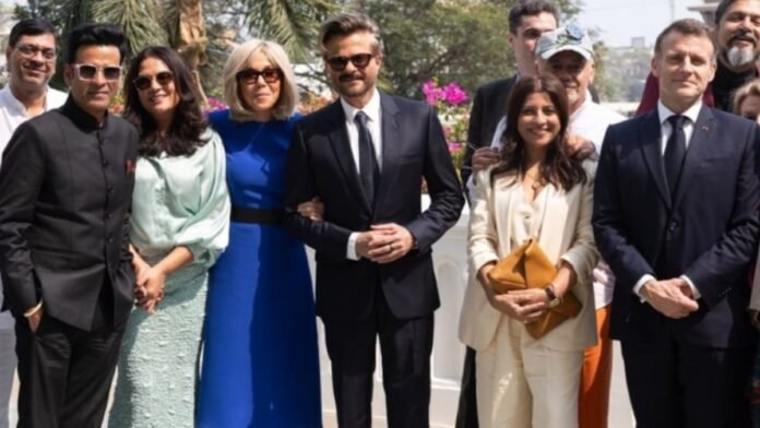 Emmanuel Macron and Brigitte Macron pose with Bollywood celebrities at Gateway of India during Mumbai visit February 2026