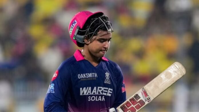 Vaibhav Sooryavanshi playing aggressive T20 shot in IPL 2026 match