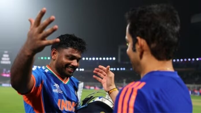 Gautam Gambhir hugs Sanju Samson after India's T20 World Cup semi-final qualification