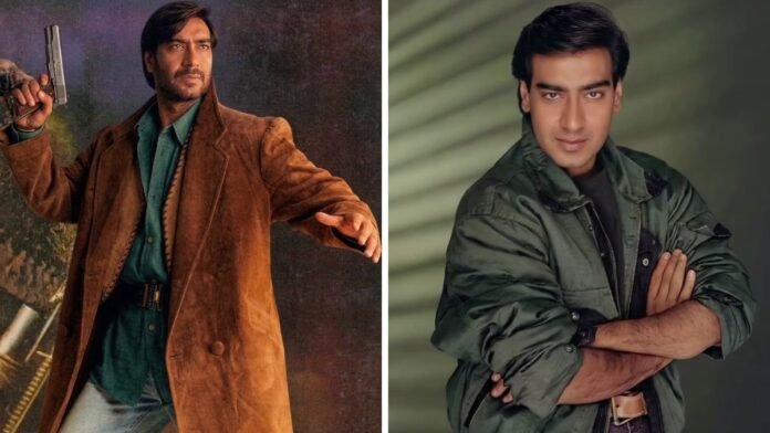 Ajay Devgn in a 90s photoshoot wearing an oversized jacket and printed shirt