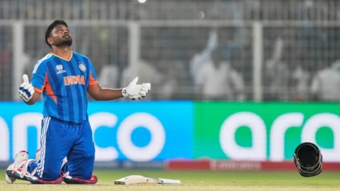 Sanju Samson celebrates his unbeaten 97 against West Indies at T20 World Cup 2026