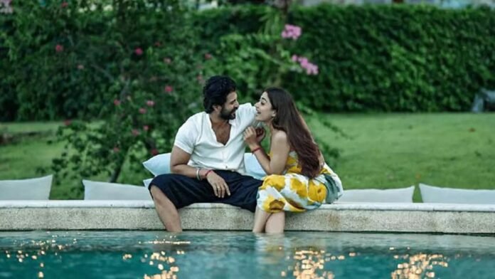 Couple enjoying buddymoon with friends at beach villa